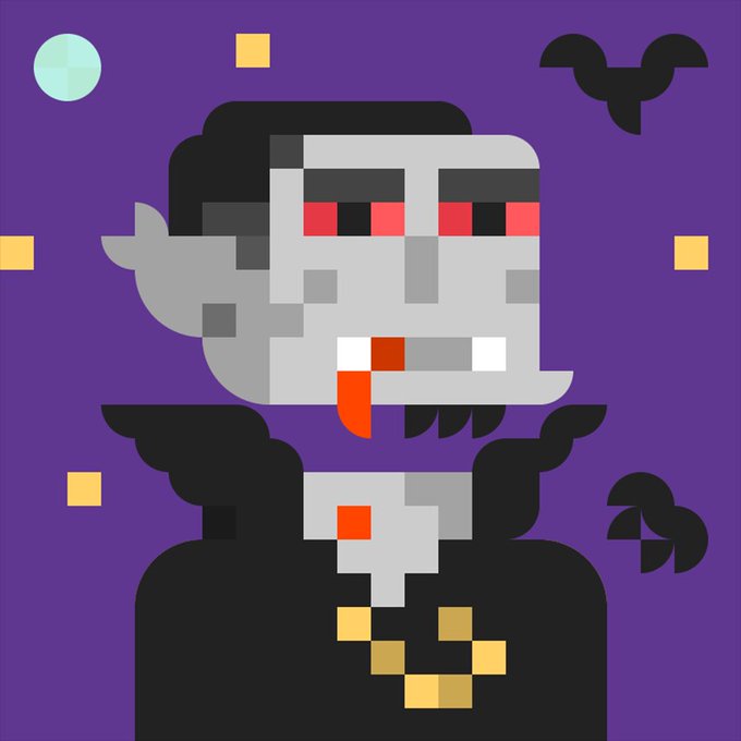 A pixel art illustration of a vampire-like figure with red eyes, a goatee, fangs, and fangs with blood dripping down, set against a purple background with bats and yellow squares.