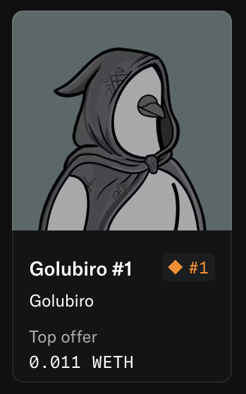 An NFT listing for 'Golubiro #1' by Golubiro with a top offer of 0.011 WETH.