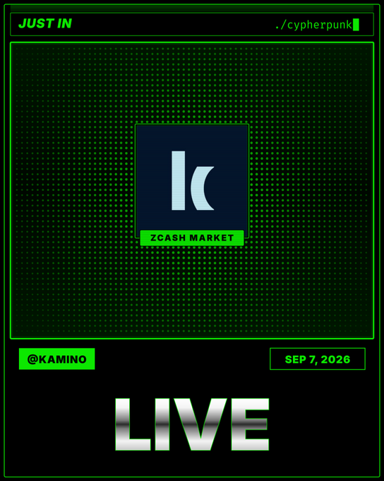 A "JUST IN" announcement graphic in cyberpunk-style green text displays "ZCASH MARKET" beneath a stylized "K" logo, with the date "SEP 7, 2026" and the word "LIVE" prominently featured, visually promoting the launch of ZEC-backed credit on Solana via Kamino and AllezLabs.