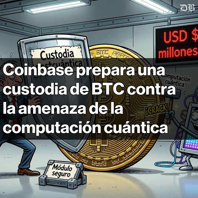 A Diario Bitcoin cartoon showing a man shielding a Bitcoin coin with a 'Custodia postcuántica' shield, with text reading 'Coinbase prepara una custodia de BTC contra la amenaza de la computación cuántica'.