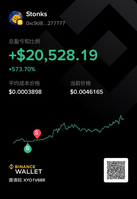A Binance Wallet portfolio screen for 'Stonks' shows a total profit and loss of +$20,528.19 (+573.70%), with an average cost of $0.0003898 and current price of $0.0046165.