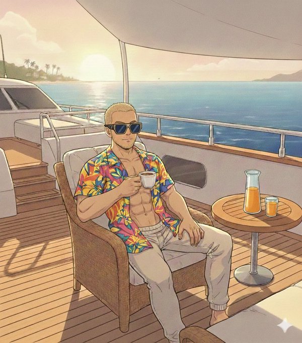 An animated illustration of a muscular blonde man in sunglasses and a colorful Hawaiian shirt relaxing on a yacht deck, holding a coffee cup with a pitcher of orange juice on a side table beside him.
