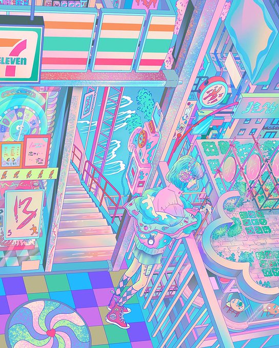 A vibrant pastel-colored cyberpunk illustration of a girl in a colorful city setting featuring a 7-Eleven sign, escalators, and neon lights.