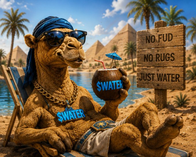 An AI-generated image shows a camel wearing sunglasses and a chain, relaxing on a beach chair with a drink labeled '$WATER', next to a sign reading 'NO FUD, NO RUGS, JUST WATER'.