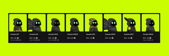 A row of eight NFT character collectibles called 'Hoodins' displayed on a bright green background, showing various designs and prices ranging from $23.83 to $24.98.