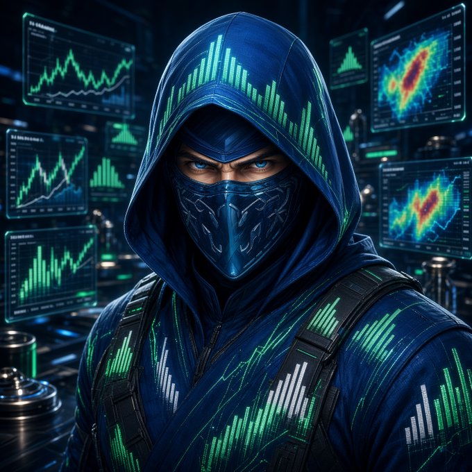 A hooded, masked figure stands amid glowing green trading charts and heat maps, visually embodying the elusive, autonomous "trading agent" whose performance is being scored on-chain by Agentics Credit (ACS) on a 300-850 scale. The data-laden monitors reflect the verifiable trade history that ACS uses to build a portable, trustable reputation for capital allocation.