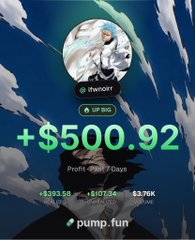 The image shows a Pump.fun profit dashboard for the token "iRen" displaying a +$500.92 gain over 7 days (with +$393.58 SOL and +$107.34 gains), alongside an anime-style avatar. It relates to the "Gm CT, +$1k" caption by illustrating roughly half of the claimed daily profit through the token's trading performance.