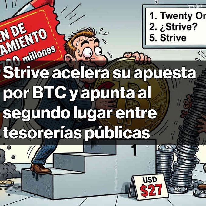 A Spanish-language article graphic titled 'Strive acelera su apuesta por BTC y apunta al segundo lugar entre tesorerías públicas,' featuring a cartoon man struggling to carry a giant Bitcoin past a podium.