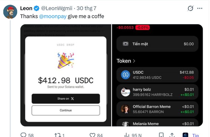 A social media post by user 'Leon @LeonWgmi' shows a screenshot of a $412.98 USDC drop transaction sent to a Solana wallet, with a list of meme tokens including 'harry bolz', 'Official Barron Meme', and 'Melania Meme'.