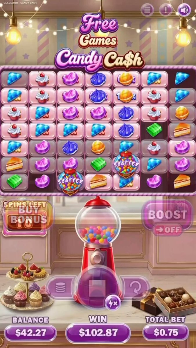 The image features a Candy Cash slot machine with various candies displayed, including gummy bears, lollipops, and chocolate bars. The text "Free Games & Candy Cash" suggests that this game is available for free play. The slot machine has a purple background and a red top, making it visually appealing. The post also mentions the winning balance of $4M and the prize amount of $10,077.77, which indicates that players have won a substantial sum in the game.