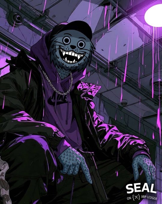 A stylized cartoon illustration of a blue seal-like character wearing a black cap, purple hoodie with Nike logo, and black jacket, sitting in a purple-lit urban setting with text reading 'SEAL ON XRP LEDGER'.