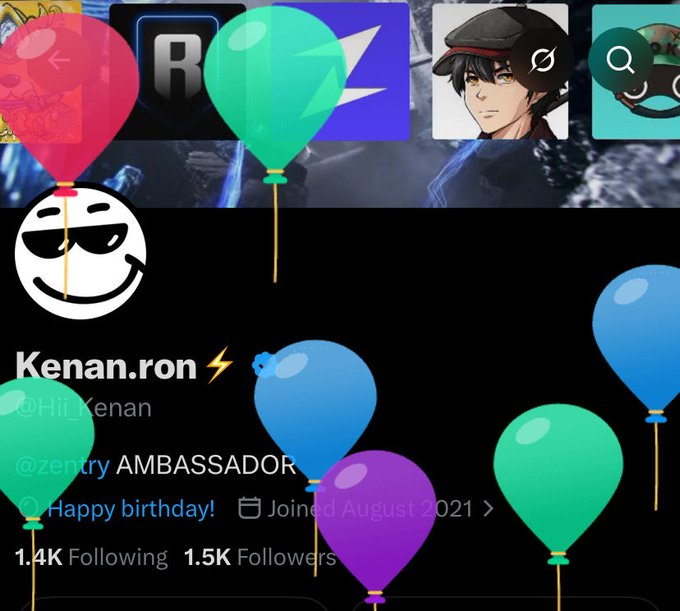 A Twitter/X profile screenshot for 'Kenan.ron' (@Hit_Kenan), marked as @zentry AMBASSADOR, showing a birthday wish with 1.4K following and 1.5K followers, decorated with colorful balloons.