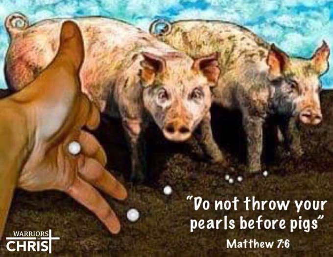 An illustration depicts a hand offering pearls to two pigs, with the Bible verse "Do not throw your pearls before pigs" from Matthew 7:6 and the "WARRIORS FOR CHRIST" logo.