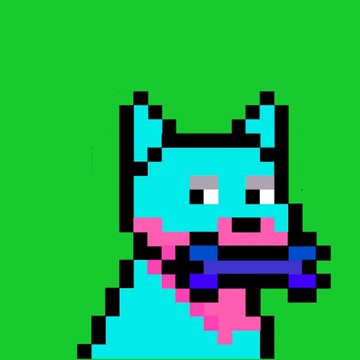 Pixel art illustration of a cyan-colored character with pointed ears and pink accents holding a dark blue object, set against a solid green background.