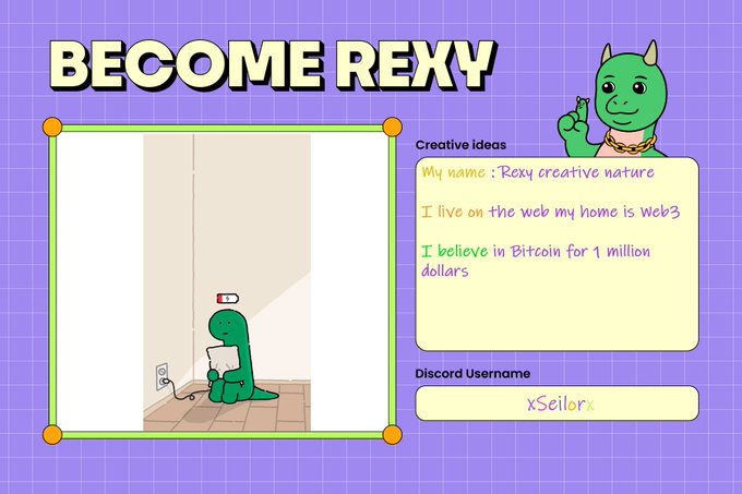 The image shows a cartoon green dinosaur sitting on a floor with a purple background, accompanied by text that reads "My name - Rexy Creative nature. I live on the week my home is in We3. My believe to Bitcoin for 1 million dollars". The post appears to be about becoming Rexy and selling Bitcoins online.