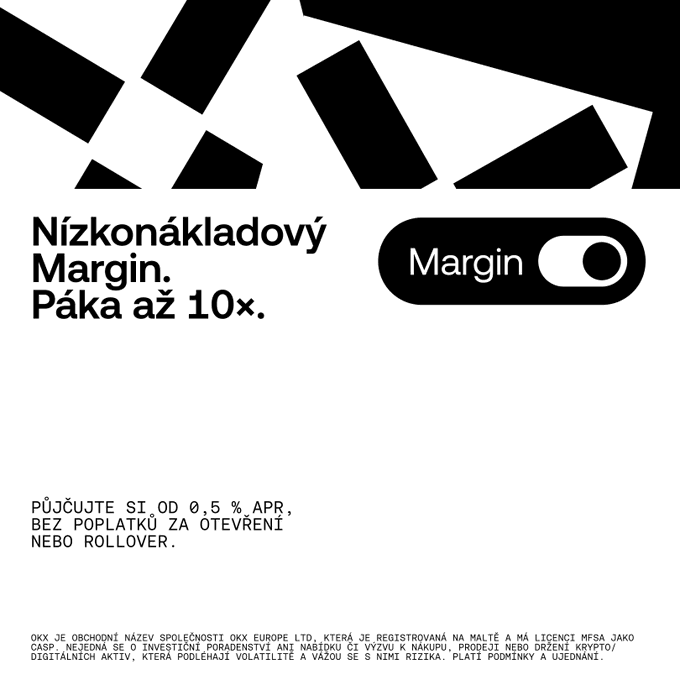 A black and white promotional graphic with Czech text 'Nízkonákladový Margin. Páka až 10×' advertising a margin trading feature with a toggle switch labeled 'Margin', noting 0.5% APR and no opening or rollover fees from OKX.