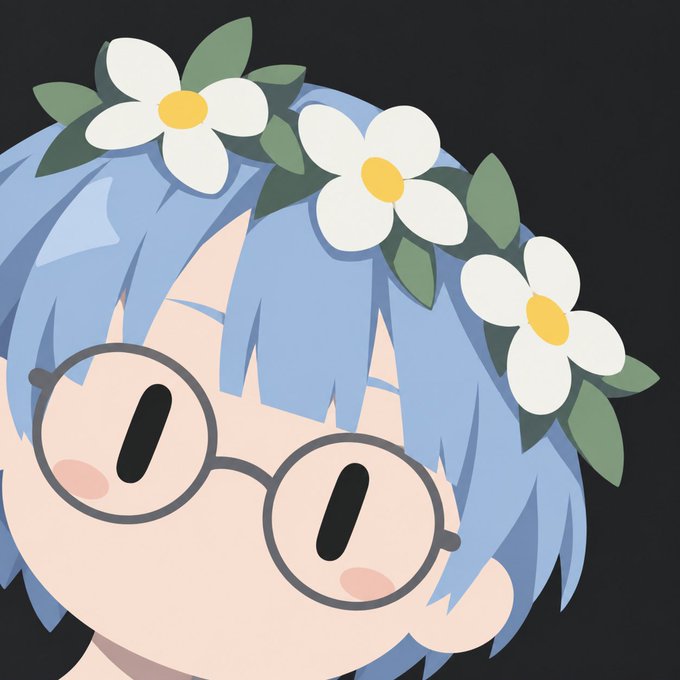 A simple cartoon illustration of a character with short light blue hair, large round glasses with oval pupils, blushing cheeks, and a white flower crown with yellow centers against a black background.