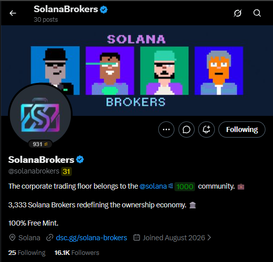 A Twitter/X profile for @solanabrokers featuring four pixel art character images and the banner 'SOLANA BROKERS', with bio mentioning 'The corporate trading floor belongs to the @solana community.'