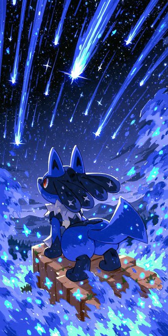 A pixel art illustration of a blue wolf-like creature standing on a dirt block watching a meteor shower in a starry night sky.