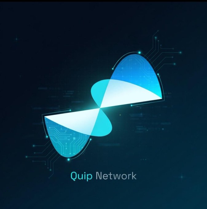 Logo for "Quip Network" featuring a stylized blue and cyan infinity-like ribbon design with circuit board elements on a dark blue background.