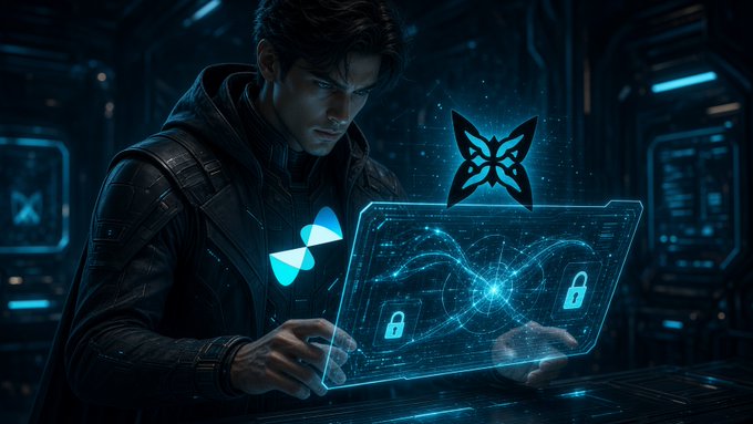 A digital artwork showing a man in a dark hooded outfit interacting with a futuristic holographic display featuring lock icons and a butterfly symbol.