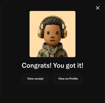A mobile app notification modal featuring a 3D avatar character wearing headphones, displaying the text "Congrats! You got it!" with buttons to "View receipt" and "View on Profile".