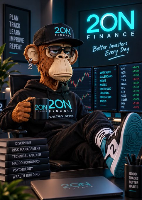 A digital illustration of a monkey mascot wearing a cap and hoodie branded with '2ON FINANCE', sitting at a desk with monitors displaying stock data (SPY, QQQ, AAPL, TSLA, etc.), alongside a stack of books titled 'DISCIPLINE', 'RISK MANAGEMENT', 'TECHNICAL ANALYSIS', 'MACRO ECONOMICS', 'PSYCHOLOGY', and 'WEALTH BUILDING'.