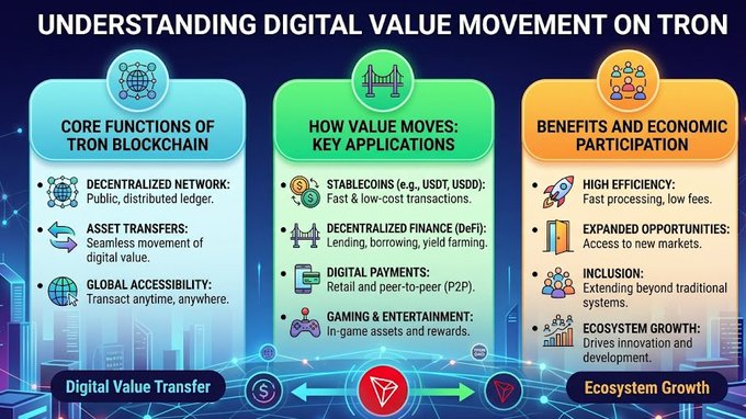 The image shows three colorful boxes with information about the digital value movement, set against a blue background. The text above each box explains its relevance to TRON's core function and provides examples of its application across various aspects such as digital payments, ecosystem growth, gaming, and entertainment.