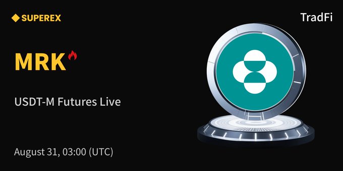 A SuperEx promotional graphic announces the launch of MRK (Merck & Co.) USDT-M Futures Live, scheduled for August 31 at 03:00 UTC, featuring a sleek 3D coin emblem on the right against a black background. The image directly supports the post's announcement of MRK futures trading on the platform, highlighting the TradFi section and the cryptocurrency-style coin design that bridges traditional pharmaceutical stock with crypto derivatives trading.