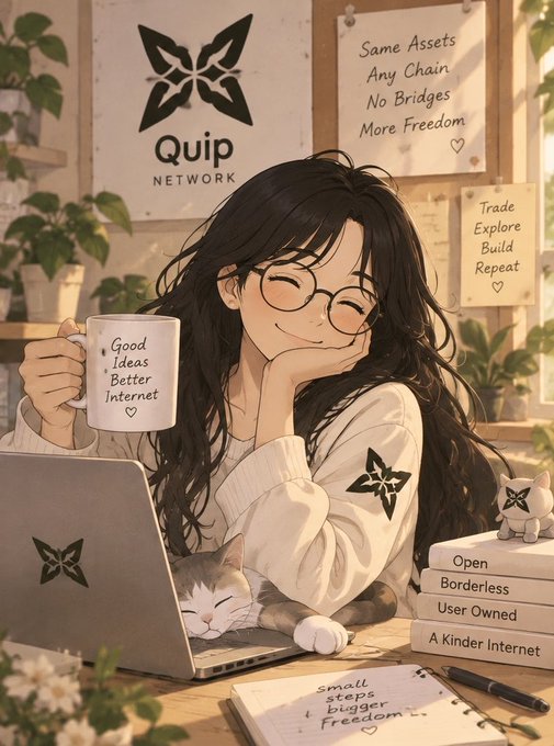 An anime-style illustration of a woman with glasses holding a 'Good Ideas Better Internet' mug, surrounded by Quip Network branding, cats, and signs promoting 'Same Assets Any Chain No Bridges More Freedom.'