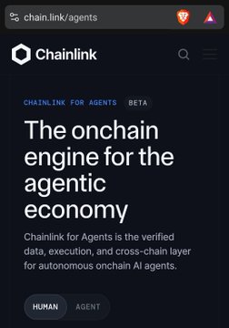 A screenshot of the Chainlink website (chain.link/agents) showing a BETA announcement for "The onchain engine for the agentic economy," describing Chainlink for Agents as a verified data, execution, and cross-chain layer for autonomous onchain AI agents, with toggle options for "HUMAN" and "AGENT" at the bottom. The image supports the post's claim about Chainlink's upcoming agent-focused product by showcasing the official landing page teasing agent micropayments and AI-driven workflows tied to the $LINK ecosystem.