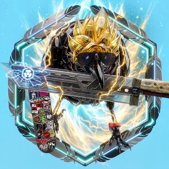 A digital artwork featuring a cybernetic skull with spiky golden hair wearing sunglasses, holding a large sword with sticker-covered handle, surrounded by electric blue and gold energy effects.