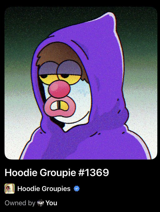 A cartoon character wearing a purple hood with a sad expression is displayed as an NFT titled "Hoodie Groupie #1369" by Hoodie Groupies, owned by the user.