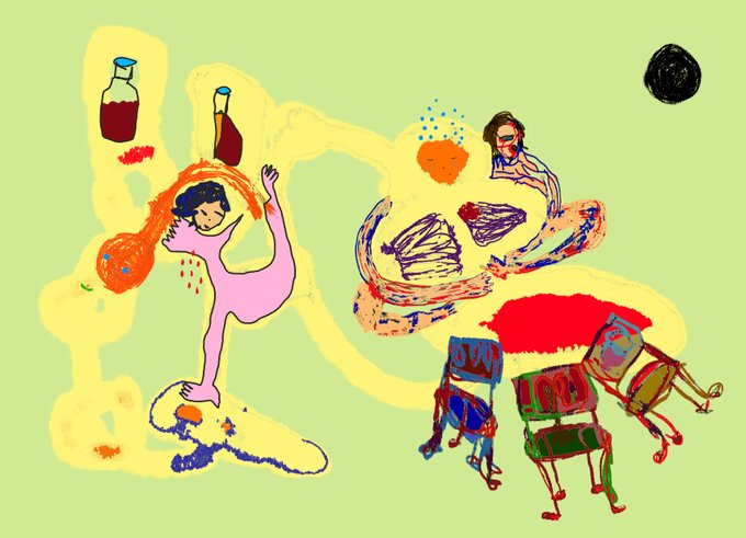 A colorful, abstract digital drawing featuring stylized human figures in pink, yellow, and red hues against a light green background, with a black circle in the upper right corner.