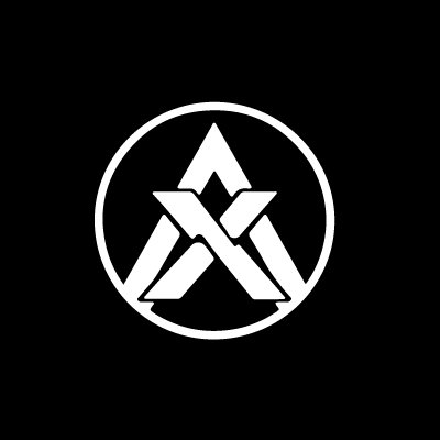 A black and white circular logo featuring a stylized mountain or triangular design with crossed elements.