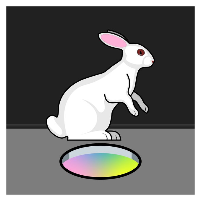 A digital illustration shows a white rabbit with pink inner ears and red eyes sitting on its hind legs, gazing down at a circular iridescent disc with rainbow colors reflected on a gray surface against a black background.