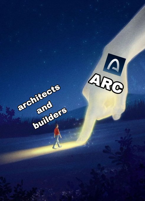An illustration showing a giant glowing hand labeled 'ARC' pointing down to a small figure walking on a path, with text reading 'architects and builders' against a starry night sky.