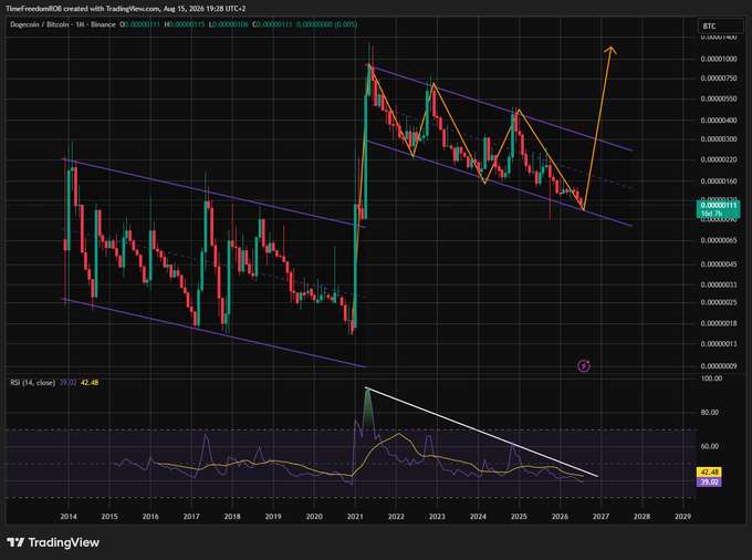 A TradingView candlestick chart for Dogecoin/Bitcoin (DOGE/BTC) on Binance showing data from 2014-2029 with trendlines and an RSI indicator, created by TimeFreedom808.
