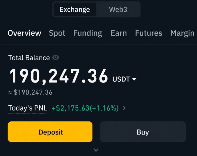 A cryptocurrency exchange dashboard showing a total balance of '190,247.36 USDT' with a today's PNL of '+$2,175.63 (+1.16%)' and yellow 'Deposit' and 'Buy' buttons.