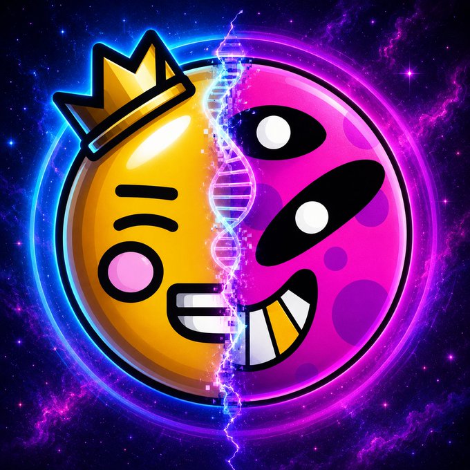 The image features an illustration of two cartoon faces, one yellow with black eyes and a pink mouth, smiling at each other. The face on the left appears to be wearing a crown, adding a regal touch to its appearance. The background is dominated by blue colors that seem to represent a nebula or space, giving it a creative and dreamy atmosphere. The post also mentions ABB scientists working on something interesting involving the cartoon faces. This discovery will certainly be a fun surprise for the Space Riders community.