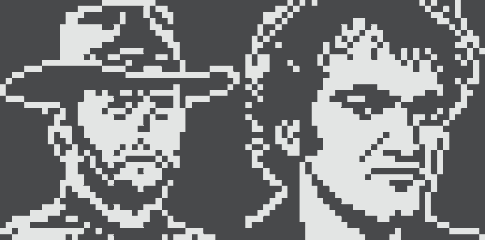 Pixel art image showing two figures wearing wide-brimmed hats in white against a dark background.