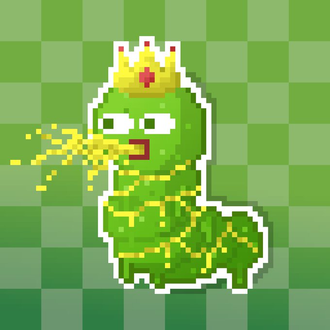 A pixel art illustration shows a green frog wearing a gold crown with red jewels, breathing yellow fire, set against a checkered green background resembling a game grid. The image accompanies a post promoting $SQWG, likely serving as a mascot or branding element for the token on platforms like DexScreener and OpenSea.