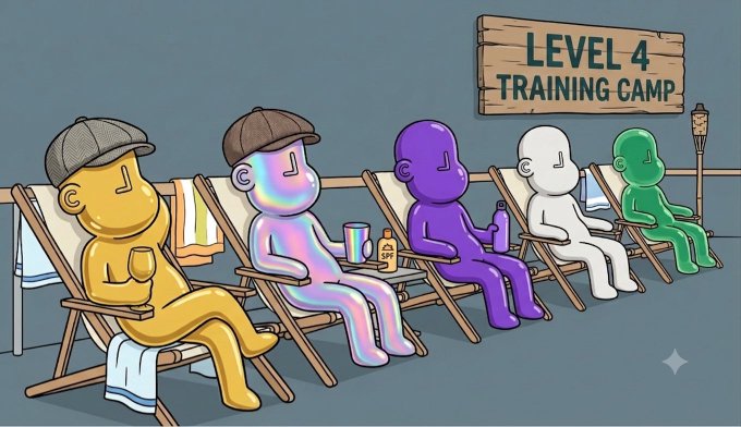 A cartoon illustration showing five colorful humanoid figures (yellow, iridescent, purple, white, and green) relaxing in beach chairs at a 'LEVEL 4 TRAINING CAMP', with various items including sunscreen nearby.