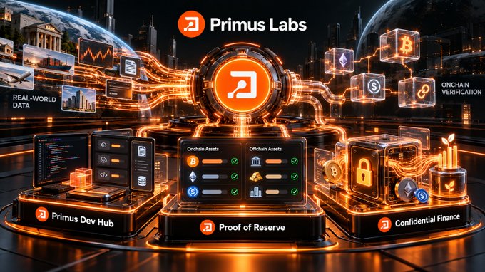 A promotional graphic for 'Primus Labs' showcasing digital infrastructure services including Proof of Reserve, Primus Dev Hub, Onchain Verification, and Confidential Finance with cryptocurrency and real-world data imagery.