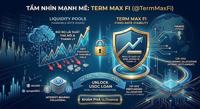 A Vietnamese-language promotional graphic for "TERM MAX FI (@TermMaxFi)" highlighting DeFi concepts like liquidity pools, variable yield, and fixed-rate stability.