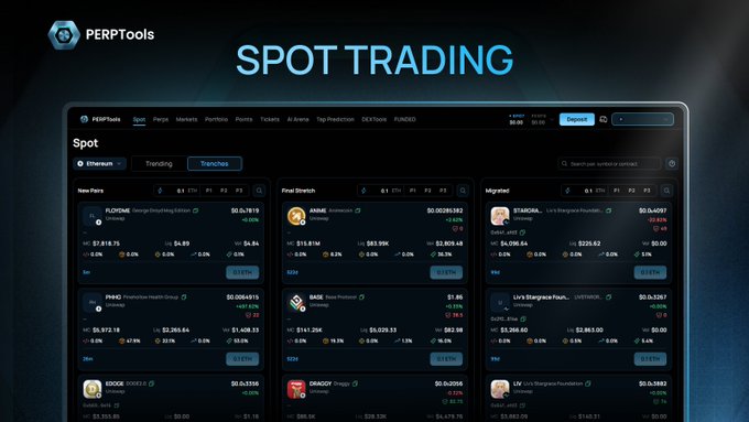 A screenshot of the PERPTools Spot Trading platform displays various crypto token categories including New Pairs, Final Stretch, and Migrated, listing tokens like FLOTYME, GAME, BABEO, STARCLOUD, PPMD, BARK, DRAGGY, and others with their market caps.
