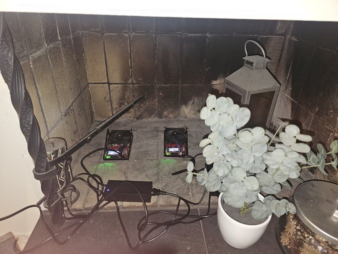 Two small electronic devices with antennas and green indicator lights sit charging next to a potted eucalyptus plant in front of a fireplace.
