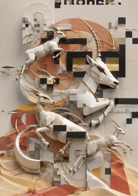 An artistic 3D rendering featuring white geometric gazelle or antelope figures with golden horns, set against an abstract background of cubes, arches, and desert-like elements.