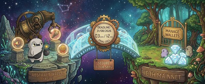 A fantasy-themed illustration depicting a crypto deadline of '31/08/2026', featuring a panda, crystals, and portals for 'Abstract Wallet' and 'ETH Mainnet'.