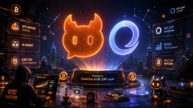 A futuristic promotional graphic featuring a glowing orange cat-like figure and a blue crescent symbol, with text including 'BTC NATIVE SOCIAL', 'AI AGENT', 'CAT-721', 'OP_CAT LAYER', 'OP CAT ECOSYSTEM', 'BTCFI YIELD & LIQUIDITY', 'BUILT ON BITCOIN', and a central banner reading 'Thanks to ClawChat & OP_CAT Layer'.
